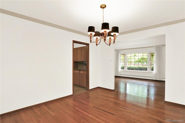 unfurnished room with an inviting chandelier, dark hardwood / wood-style floors, a baseboard radiator, and crown molding