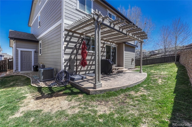 exterior space featuring a pergola, a patio, central AC unit, and a fenced backyard