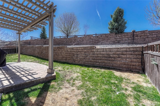 view of yard with a patio area, a fenced backyard, and a pergola