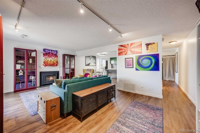 2917 S Locust St, Denver, CO 80222 - living area with track lighting, a textured ceiling, a warm lit fireplace, wood finished floors, and baseboards