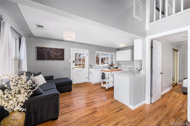 living room featuring light wood finished floors, visible vents, and baseboards