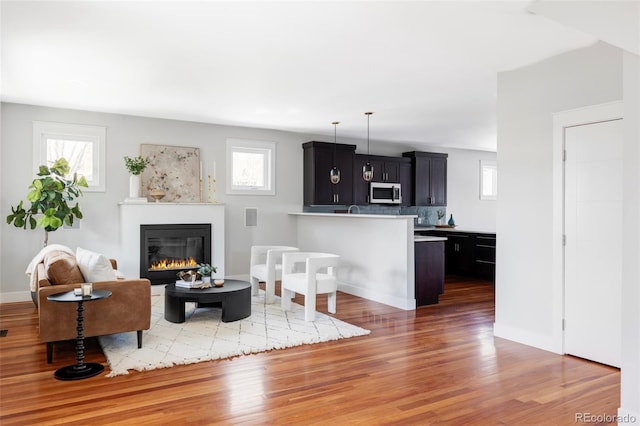 2931 W 20th Ave, Denver, CO 80211 - living room featuring wood finished floors, a glass covered fireplace, and baseboards