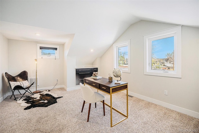 2931 W 20th Ave, Denver, CO 80211 - office area featuring light carpet, lofted ceiling, and baseboards