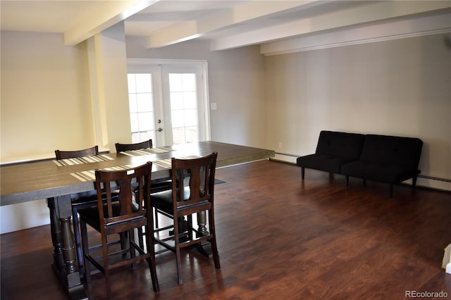 1320 S Lemay Ave, Fort Collins, CO 80524 - dining space featuring beamed ceiling, wood finished floors, a baseboard heating unit, and french doors
