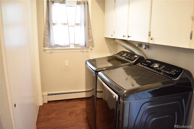 1320 S Lemay Ave, Fort Collins, CO 80524 - laundry room featuring separate washer and dryer, cabinet space, baseboard heating, and dark wood-style floors