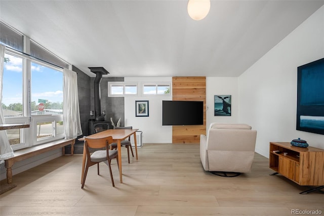 491 Campo St, Denver, CO 80221 - living room featuring a wood stove and light wood-style flooring