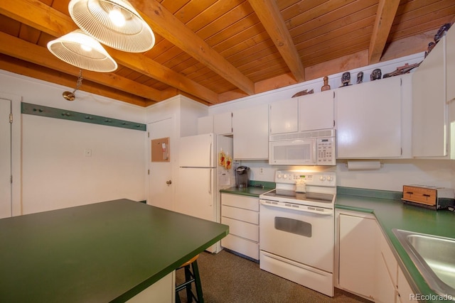 kitchen with white cabinetry, sink, beamed ceiling, white appliances, and wooden ceiling