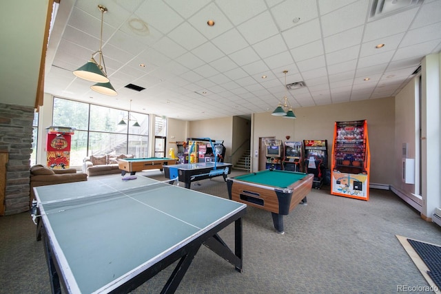 rec room featuring a paneled ceiling, pool table, and carpet floors