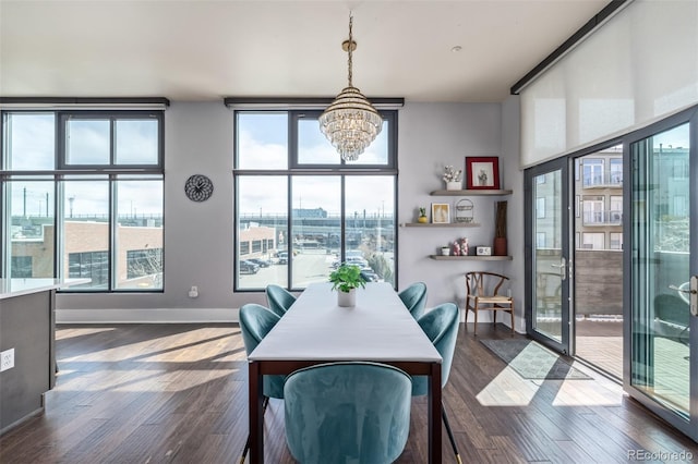 dining space with an inviting chandelier, baseboards, and dark wood-style floors