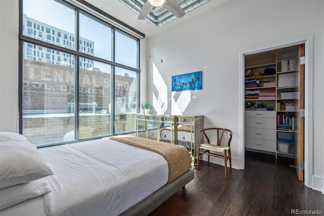 bedroom with a wall of windows, a closet, hardwood / wood-style flooring, and a spacious closet