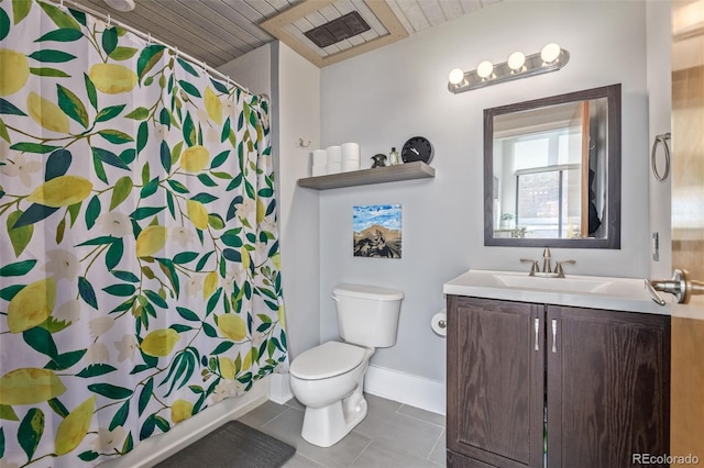 bathroom featuring curtained shower, wooden ceiling, tile patterned floors, vanity, and toilet