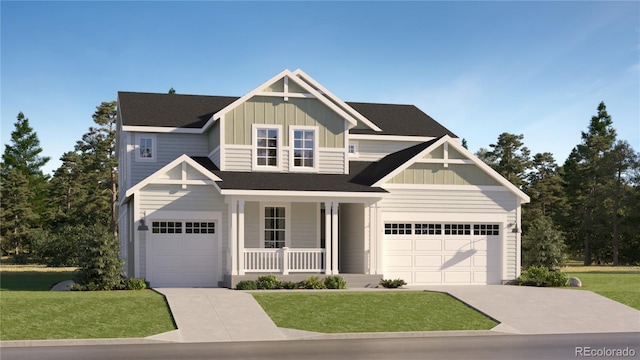 craftsman-style home with a porch, a front yard, board and batten siding, and driveway