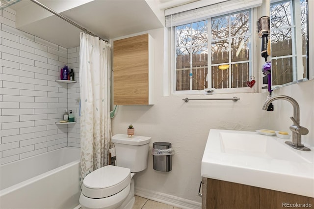 full bathroom with toilet, vanity, and shower / bathtub combination with curtain