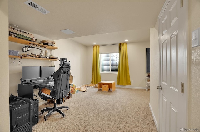 office area with baseboards, visible vents, carpet flooring, and recessed lighting