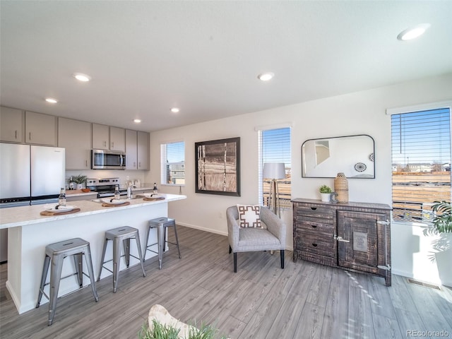 kitchen with stainless steel appliances, a kitchen breakfast bar, light hardwood / wood-style floors, gray cabinets, and a center island with sink