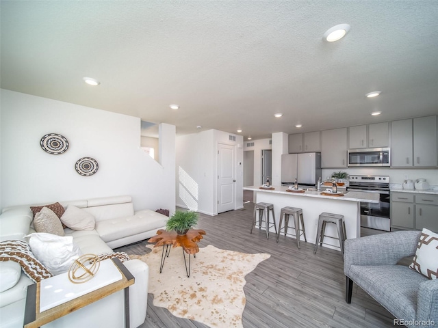 living room with light wood-type flooring and a textured ceiling