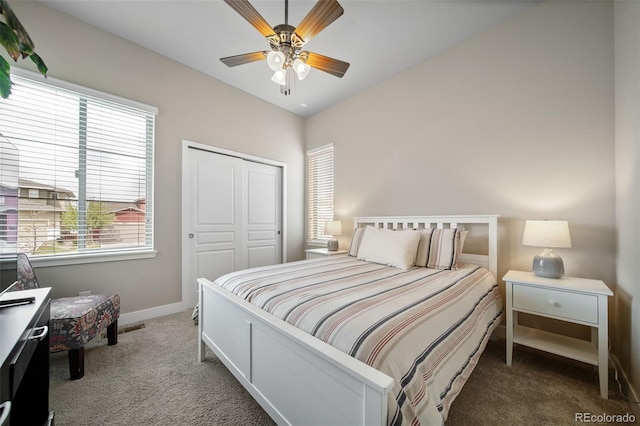 17670 W 94th Dr, Arvada, CO 80007 - bedroom featuring a closet, visible vents, baseboards, ceiling fan, and carpet flooring