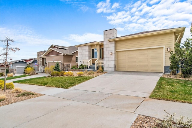 17670 W 94th Dr, Arvada, CO 80007 - view of front facade featuring concrete driveway, a residential view, a chimney, and a garage