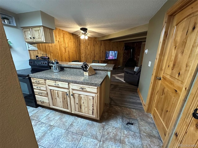 kitchen featuring wood walls, a textured ceiling, a wood stove, electric range, and ceiling fan