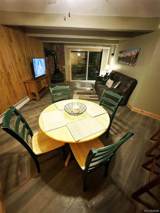 dining area featuring hardwood / wood-style floors and wood walls