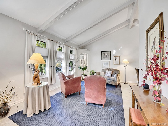 tiled living room featuring lofted ceiling with beams