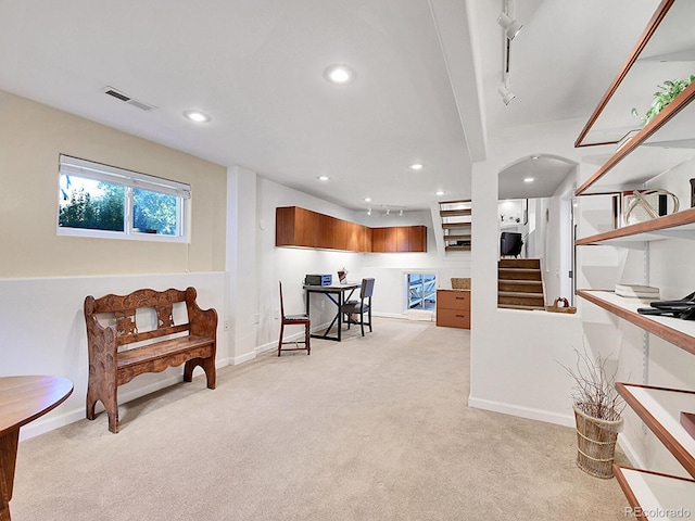 kitchen featuring light colored carpet and track lighting