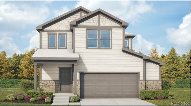 craftsman-style home with stone siding, an attached garage, and concrete driveway