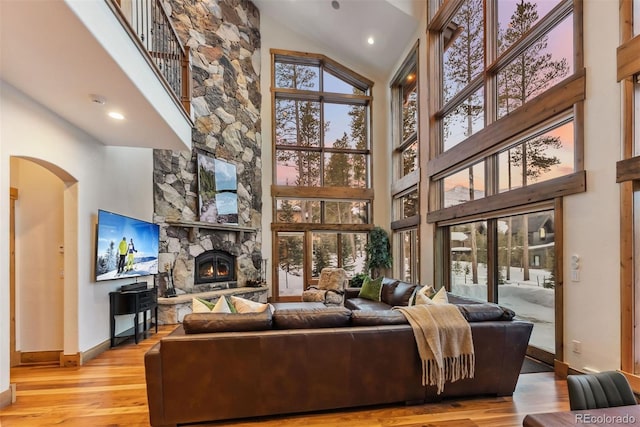 living room with high vaulted ceiling, light hardwood / wood-style flooring, and a fireplace