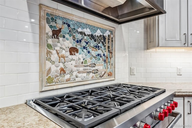 kitchen with white cabinetry, backsplash, wall chimney range hood, and stainless steel gas range oven