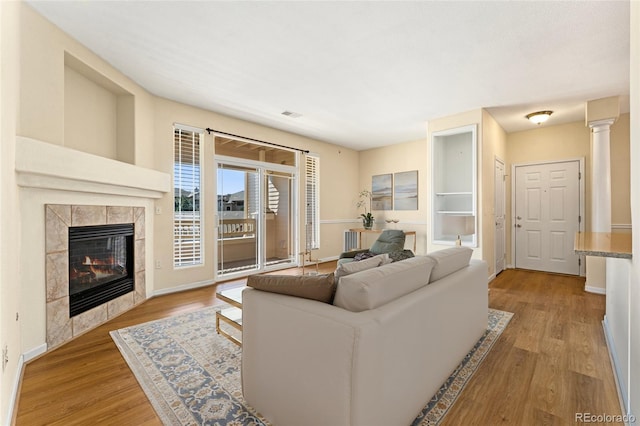 8427 S Hoyt Way Unit 203, Littleton, CO 80128 - living room with a fireplace and light wood-style floors