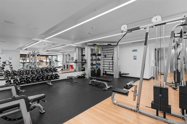 exercise room with hardwood / wood-style floors