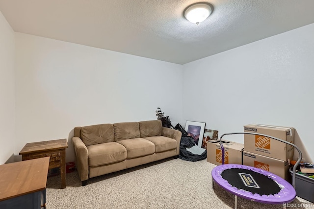 game room with light colored carpet and a textured ceiling
