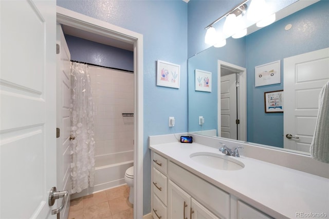 full bathroom with vanity, tile patterned flooring, toilet, and shower / bath combination with curtain