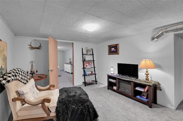 living area featuring a textured ceiling, carpet, and baseboards