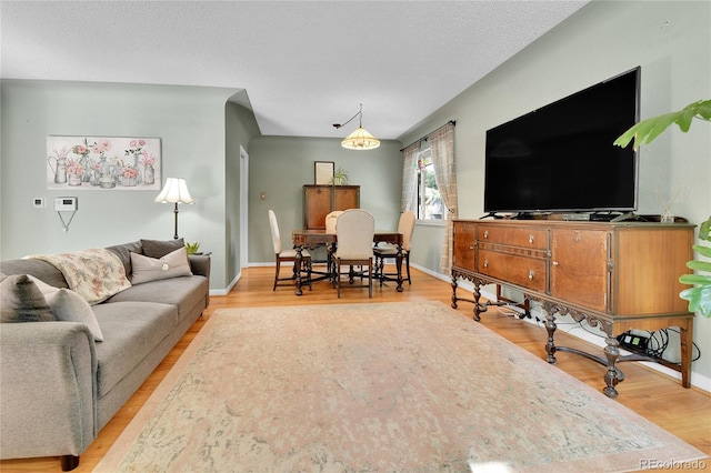 living area featuring a textured ceiling, baseboards, and wood finished floors