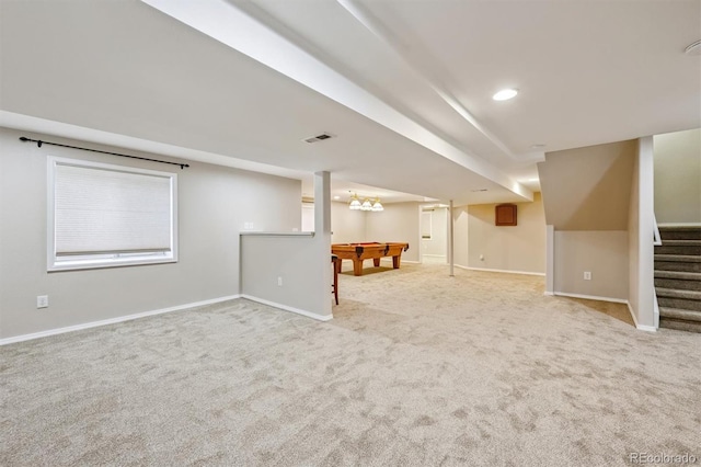 13540 Detroit St, Thornton, CO 80241 - finished below grade area with billiards, carpet flooring, and stairs