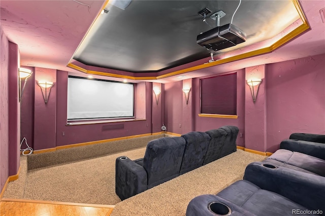 carpeted cinema with a tray ceiling