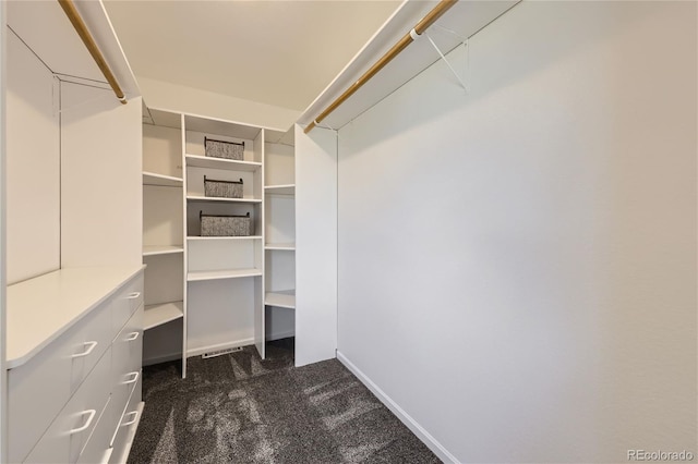 spacious closet featuring dark colored carpet