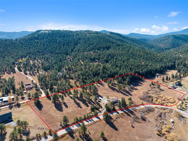 87 Elmgreen Ln, Evergreen, CO 80439 - view of property location featuring a forest, mountains, and property boundaries highlighted