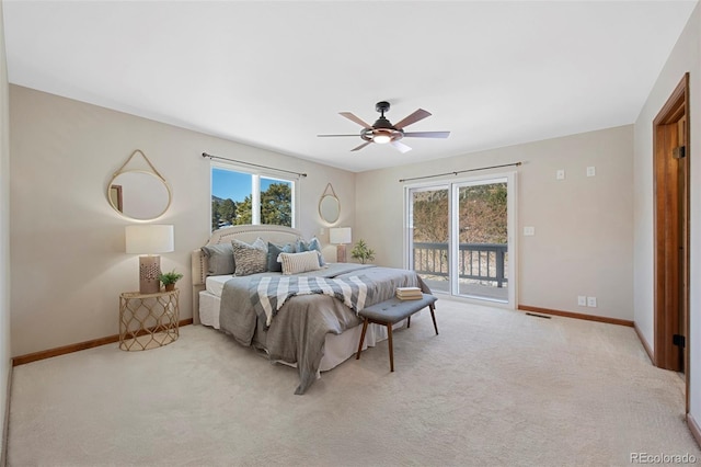 bedroom featuring visible vents, baseboards, a ceiling fan, light colored carpet, and access to exterior