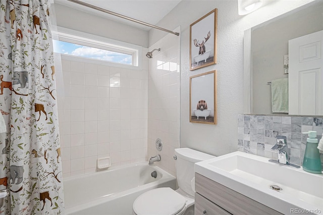 full bath with vanity, shower / bath combination with curtain, toilet, and decorative backsplash