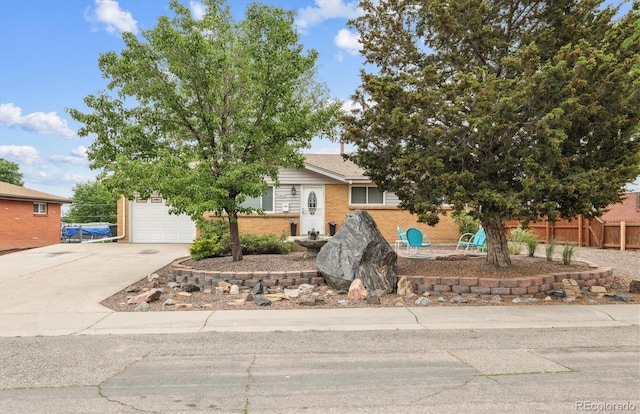 8460 Corona St, Denver, CO 80229 - view of property hidden behind natural elements featuring concrete driveway, an attached garage, and brick siding
