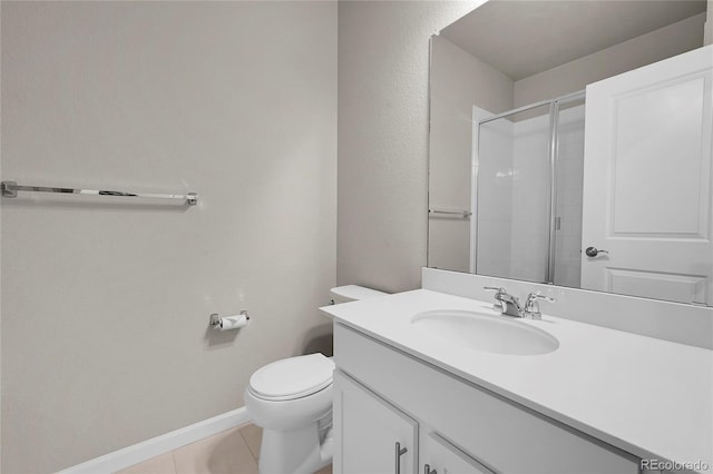 full bathroom with a shower with door, baseboards, toilet, tile patterned floors, and vanity