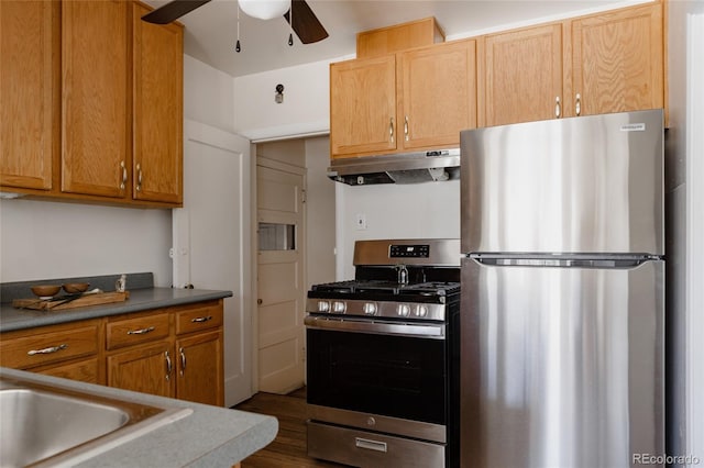 3055 Clermont St, Denver, CO 80207 - kitchen featuring stainless steel appliances, under cabinet range hood, a ceiling fan, and dark wood-style flooring