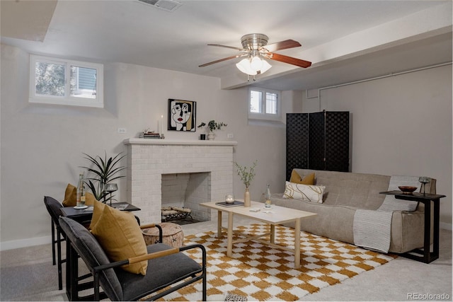 3055 Clermont St, Denver, CO 80207 - living area featuring ceiling fan, a fireplace, carpet floors, and baseboards