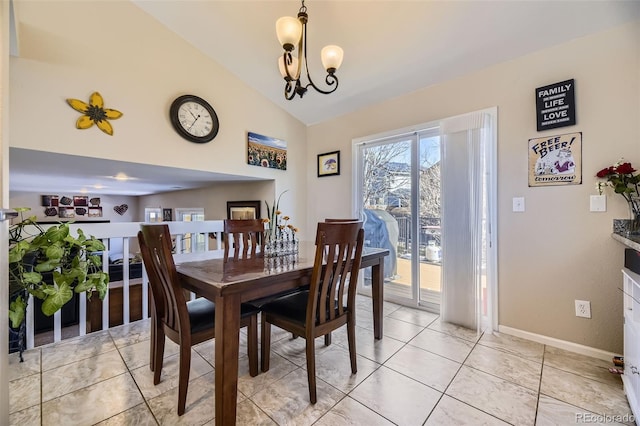 tiled dining room with lofted ceiling and a notable chandelier