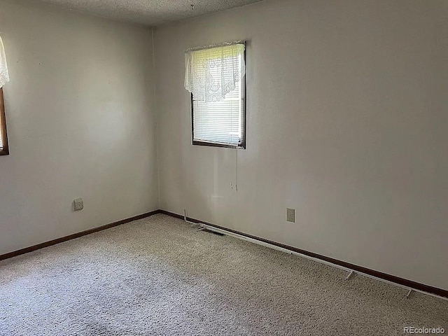 empty room featuring a textured ceiling and carpet flooring