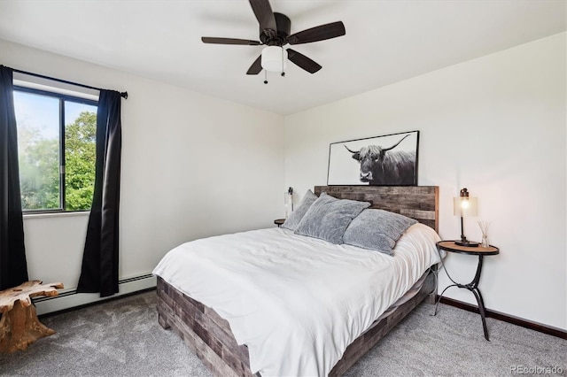 bedroom featuring ceiling fan, carpet floors, and a baseboard radiator