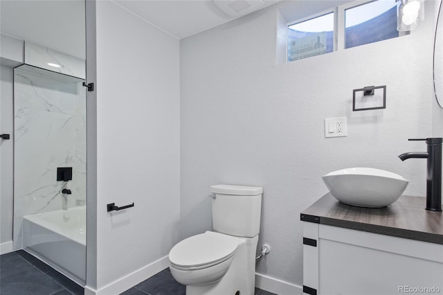 full bath featuring baseboards, vanity, and toilet
