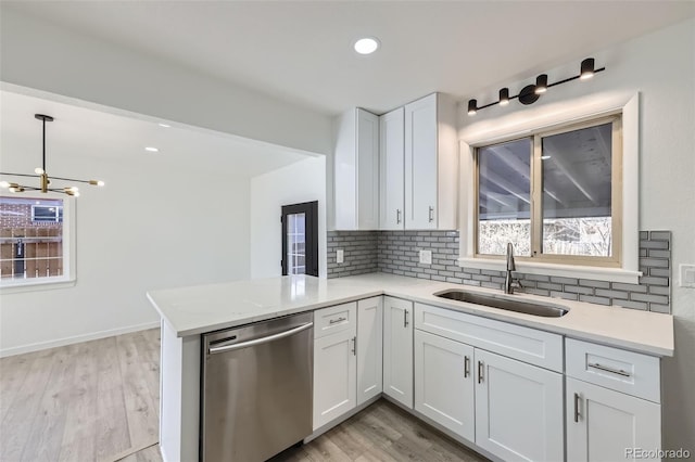 kitchen with sink, stainless steel dishwasher, backsplash, kitchen peninsula, and white cabinets